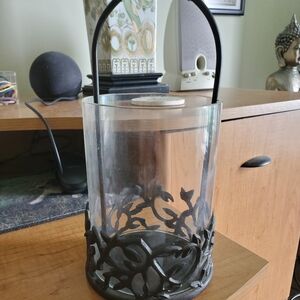 Pottery Barn Black and White Candle Holder with Intricate Accents